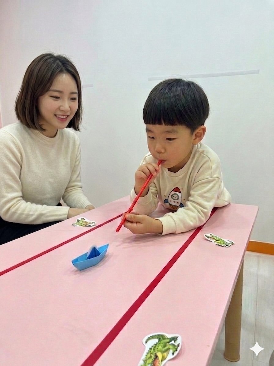 빨대로 종이배를 움직이는 개별 치료 장면